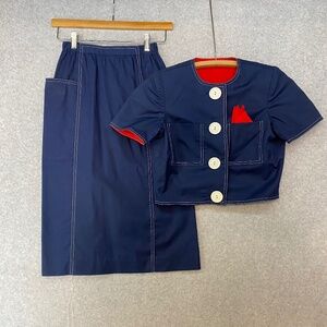 Vintage NR1 By Ned Gould Sz 4 Two Piece Skirt Jacket Set Short Sleeve Navy Blue